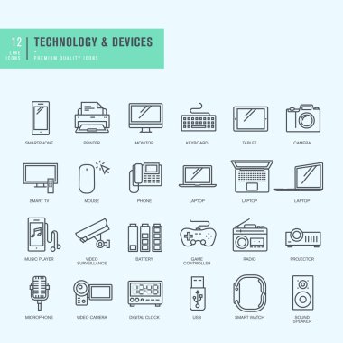 İnce çizgi Icons set. Teknoloji, elektronik cihazlar için simgeler.