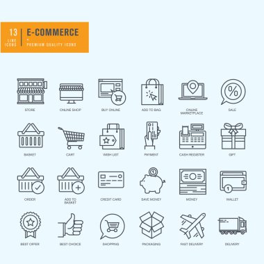 İnce çizgi Icons set. E-ticaret, online alışveriş için simgeler.