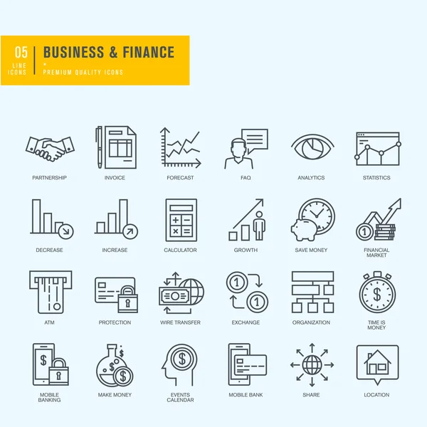 Dunne lijn pictogrammen instellen. Pictogrammen voor business, finance, m-banking. — Stockvector