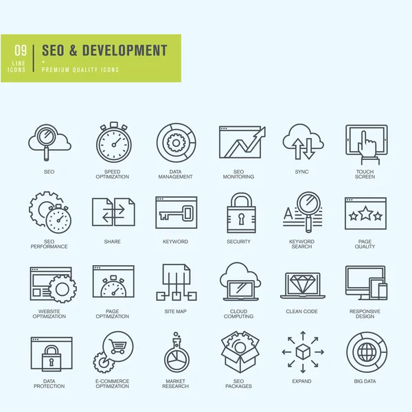 Tunn linje ikoner set. Ikoner för seo, hemsida och app design och utveckling. — Stock vektor