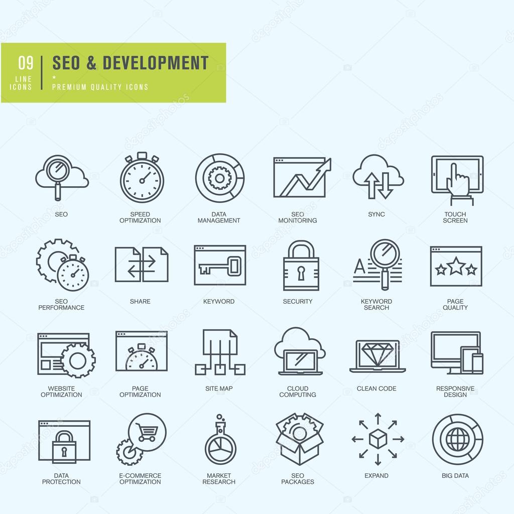 Thin line icons set. Icons for seo, website and app design and development.