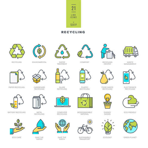 Set of line modern color icons for recycling