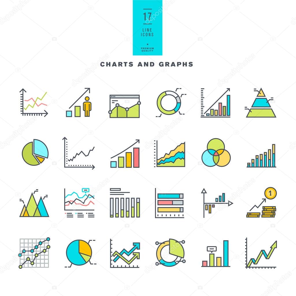Set of line modern color icons of charts and graphs