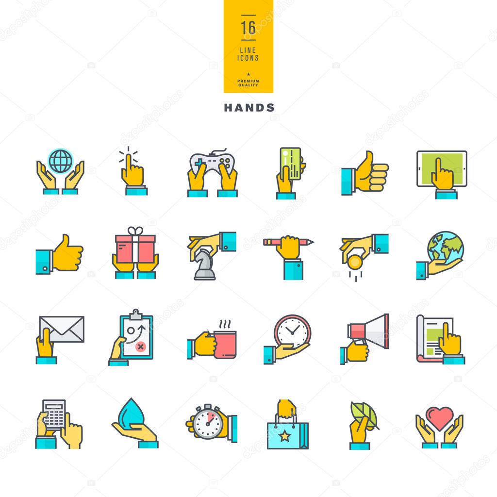 Set of line modern color icons of hand using devices, using money, in business situations, in design, ecology, marketing process.