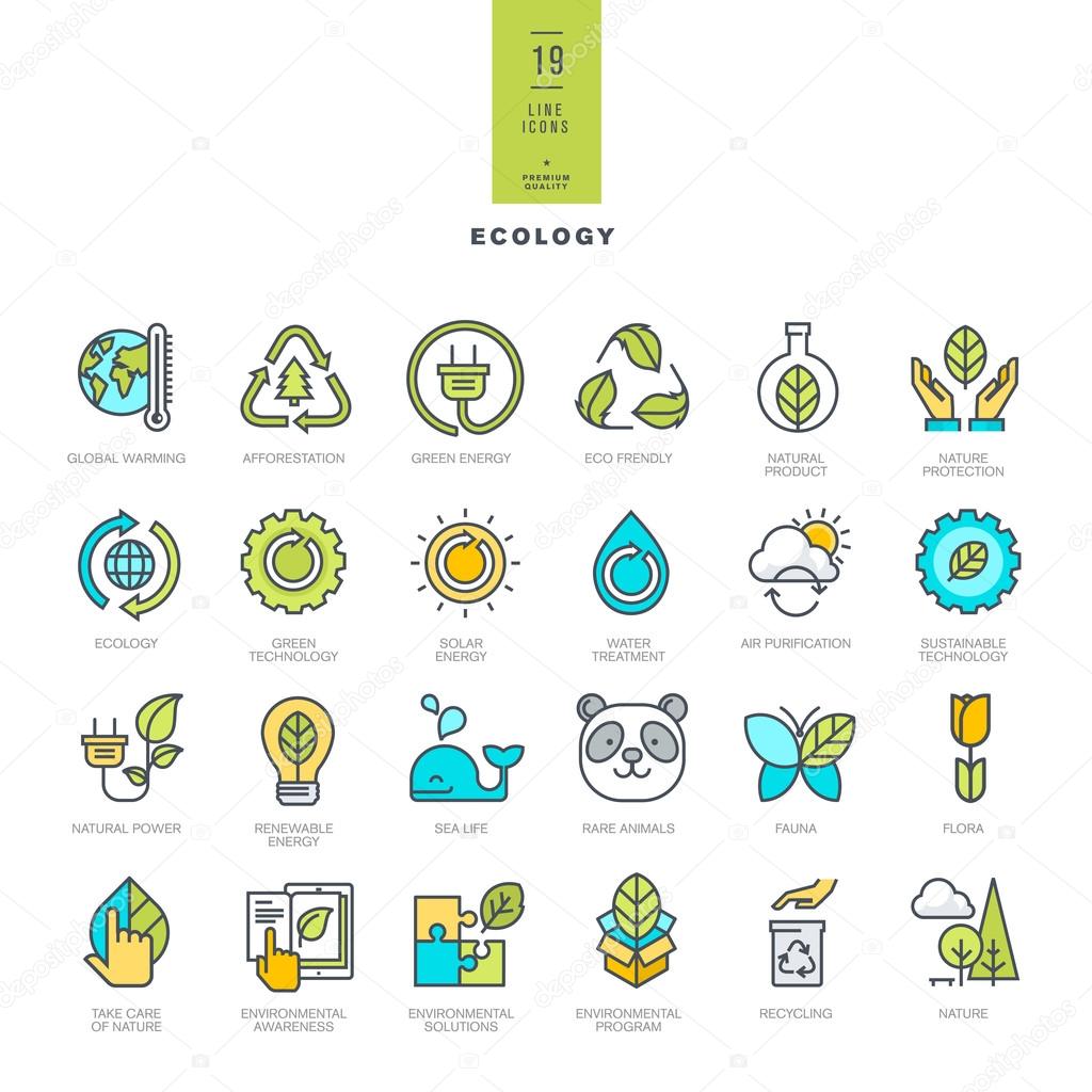 Set of line modern color icons for ecology