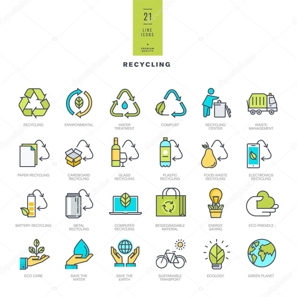 Set of line modern color icons for recycling