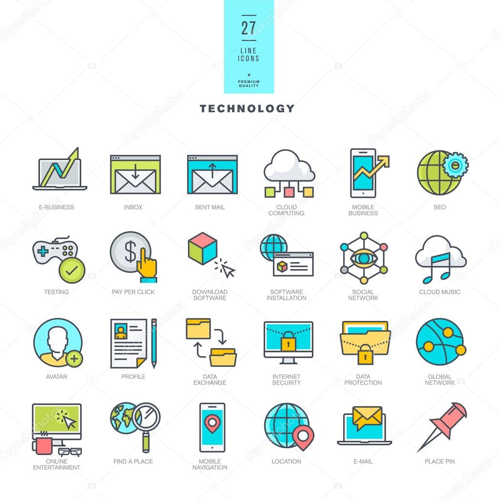 Set of line modern color icons for technology