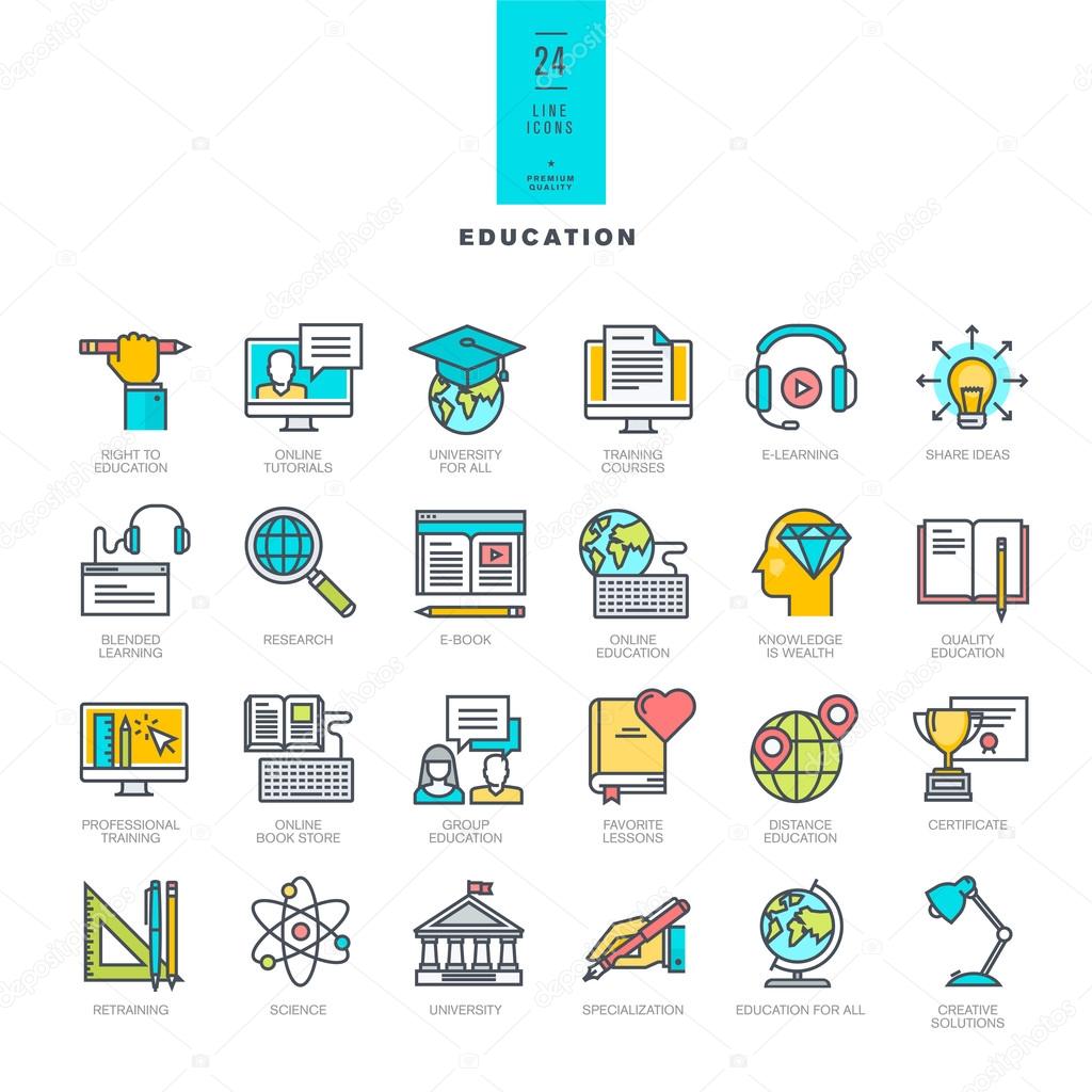Set of line modern color icons for education