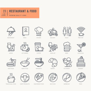 İnce çizgi simgeleri ayarlandı. Yemek ve içecek ikonları, restoran, kafe ve bar, yemek teslimatı.