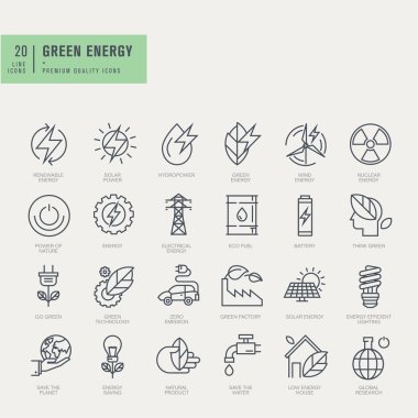 İnce çizgi Icons set. Yenilenebilir enerji, yeşil teknoloji için simgeler.