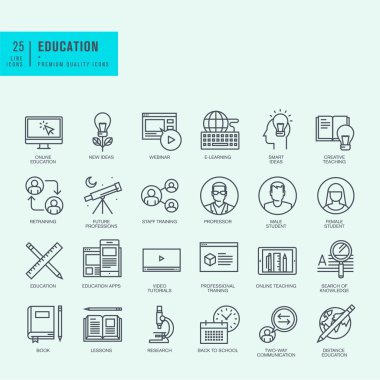 İnce çizgi Icons set. Online eğitim, video öğreticiler, eğitim kursları için simgeler.