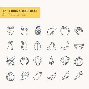 Thin line icons set. Icons for fruits and vegetables, food and drink.