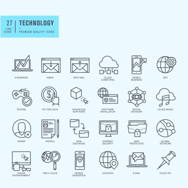 Thin line icons set. Icons for technology, e-commerce, finance, online entertainment, navigation, cloud computing, internet protection, business, app, social media.