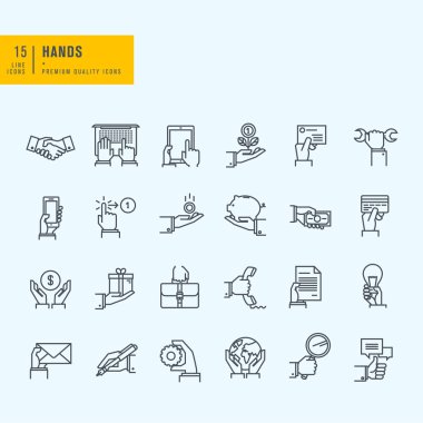 Thin line icons set. Icons of hand using devices, using money, in business situations, communication.
