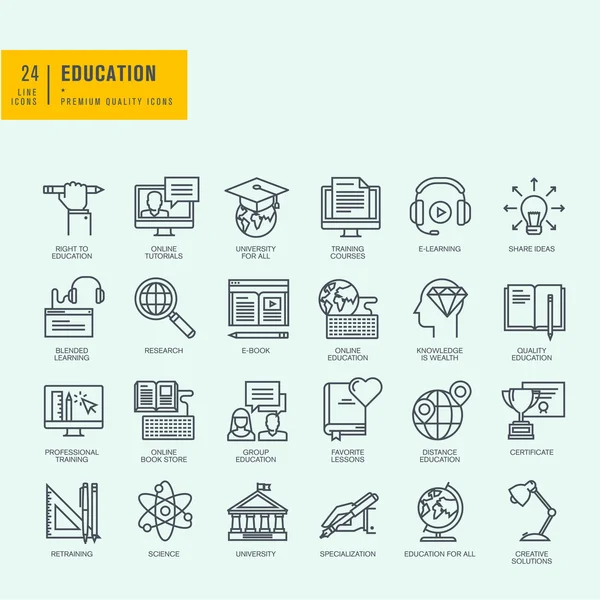 Icônes de ligne mince ensemble. Icônes pour l'éducation en ligne, tutoriels en ligne, cours de formation, librairie en ligne, université . — Image vectorielle