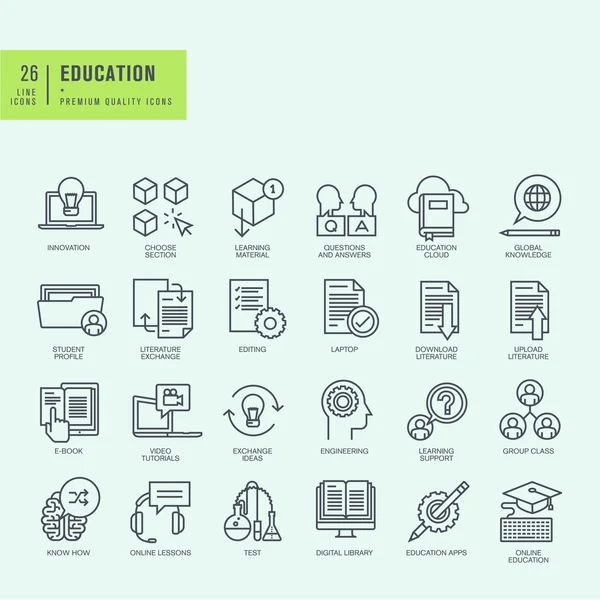 Set di icone a righe sottili. Icone per l'istruzione online, ebook, app per l'istruzione . — Vettoriale Stock