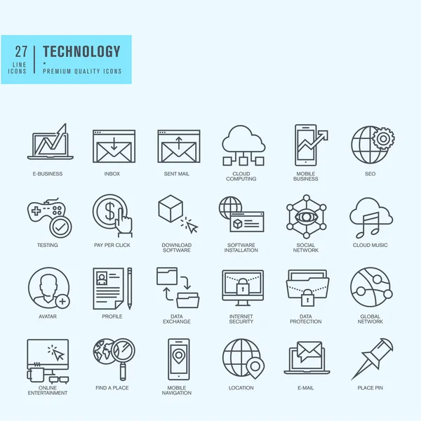 Thin line icons set. Icons for technology, e-commerce, finance, online entertainment, navigation, cloud computing, internet protection, business, app, social media. — Stock Vector