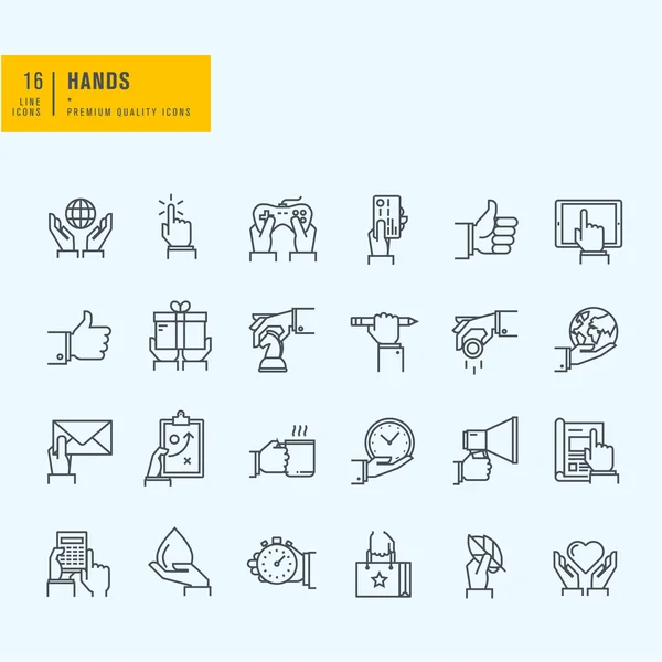 Thin line icons set. Icons of hand using devices, using money, in business situations, in design, ecology, marketing process. — Wektor stockowy