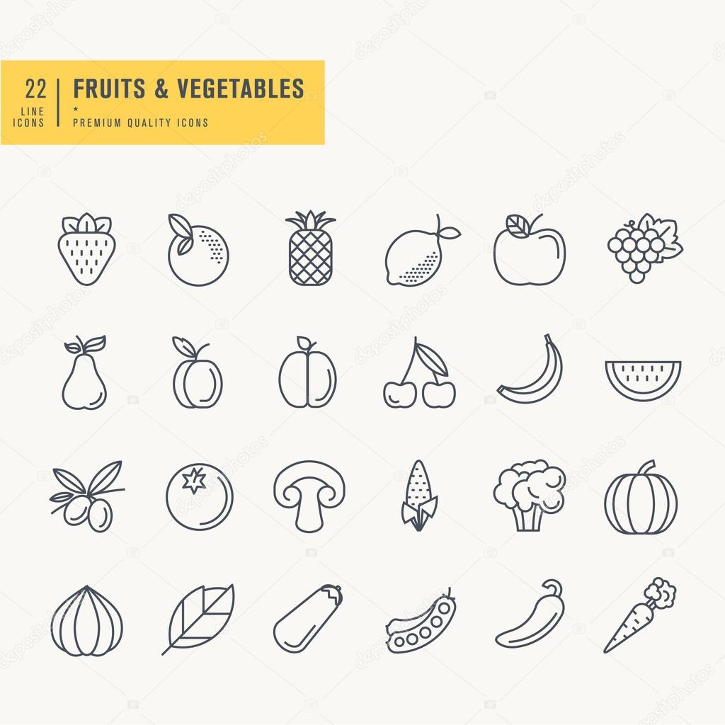 Thin line icons set. Icons for fruits and vegetables, food and drink.