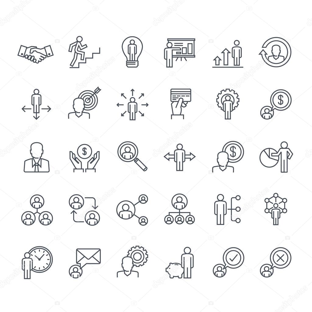 Thin line icons set. Icons for business, management, finance, strategy, planning, analytics, banking, communication, social network, affiliate marketing.