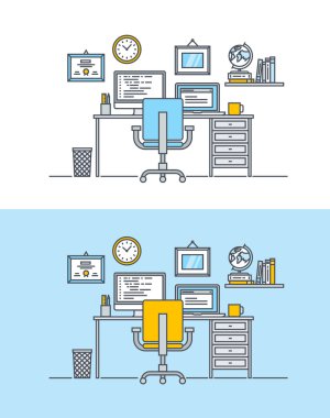 Thin line flat design concept of creative web design and developer workspace. Concept for website banners and promotional materials.