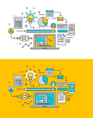 Thin line flat design concept on the theme of creative process, research, analytics, planning, development. Concept for website banners and promotional materials.