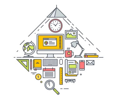 Thin line flat design concept of business workspace and office tools. Concept for website banners and promotional materials.