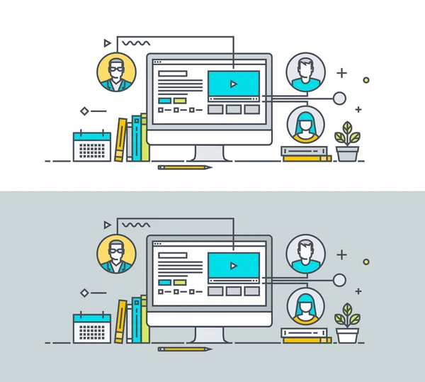 Thin line flat design concept sur le thème du tutoriel vidéo, cours de formation en ligne, communication, éducation en ligne, conférence téléphonique. Concept de bannières de site Web et de matériel promotionnel . — Image vectorielle