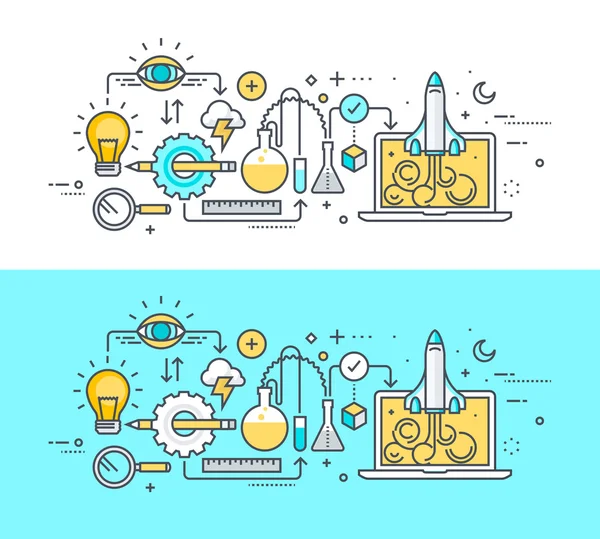 Konsep desain datar garis tipis pada tema proses pembangunan, dari ide untuk meluncurkan proyek. Konsep untuk spanduk situs web dan materi promosi . - Stok Vektor