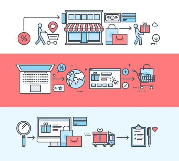 Набор баннеров тонкой линии плоского дизайна для покупок, электронной коммерции, онлайн-покупок — стоковый вектор