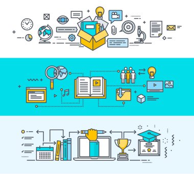 İnce çizgi düz tasarım kavramı afiş online eğitim, video öğreticiler, eğitim kursları, ebook, online üniversite