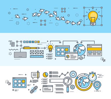 İnce çizgi düz dizi yaratıcı süreç, büyük fikir, Web sitesi ve uygulama tasarım ve geliştirme, Seo kavramı afiş tasarım