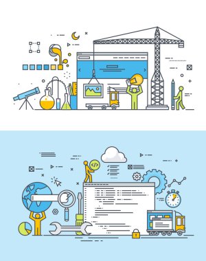 İnce çizgi düz tasarım kavramları Web sitesi tasarımı ve geliştirme seti