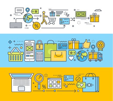 İnce çizgi düz tasarım kavramları online alışveriş, e-ticaret, e-ticaret için kümesi
