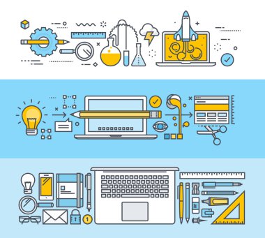 İnce çizgi düz tasarım kavramları grafik tasarım, web tasarım ve tasarım araçları kümesi