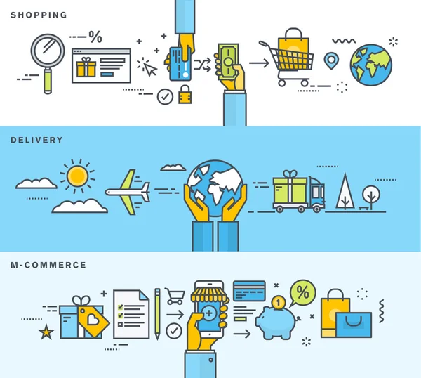 A vékony vonal lapos kivitel bannerek a vásárlási, szállítási, m-kereskedelem készlet — Stock Vector