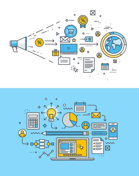 Conjunto de conceptos de diseño plano de línea delgada para marketing en Internet, publicidad, redes sociales, diseño y desarrollo de sitios web — Vector de stock