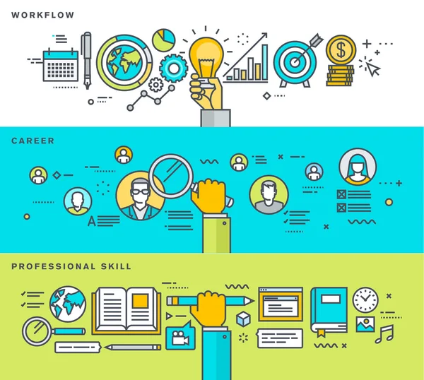 Conjunto de pancartas de diseño plano de línea delgada para flujo de trabajo, carrera, habilidad profesional, proceso de negocio de recursos humanos, educación — Vector de stock