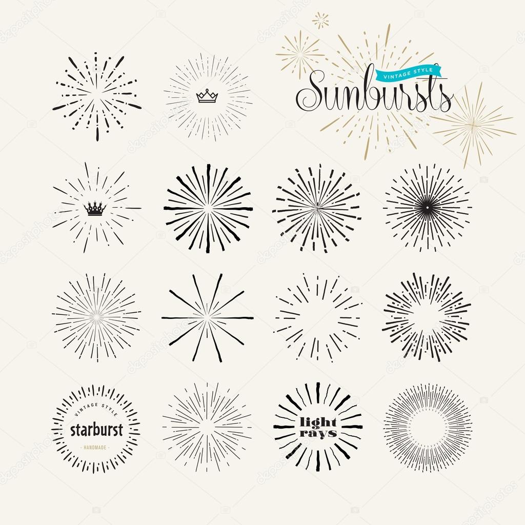Set of vintage style sunburst elements for graphic and web design