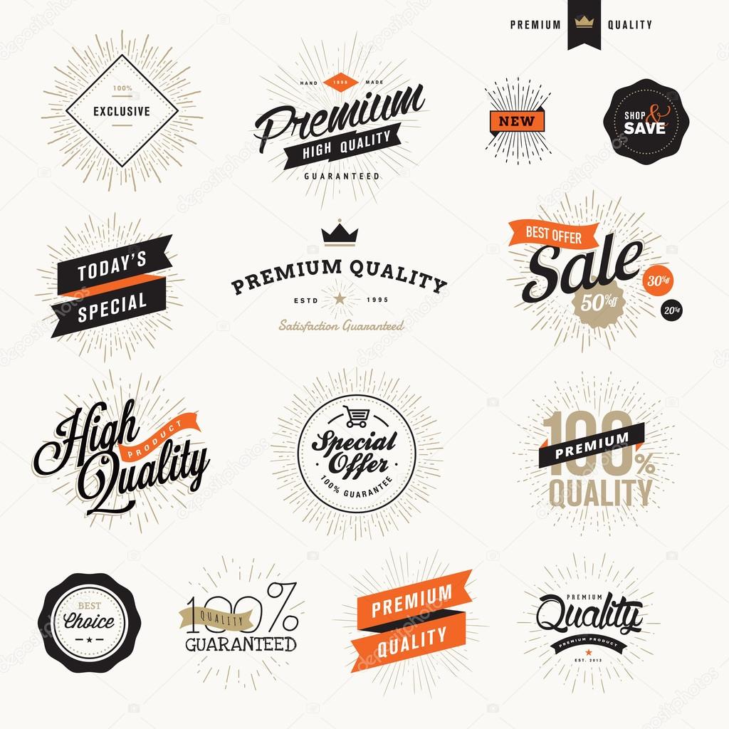 Set of vintage premium quality labels and badges for promotional materials and web design.