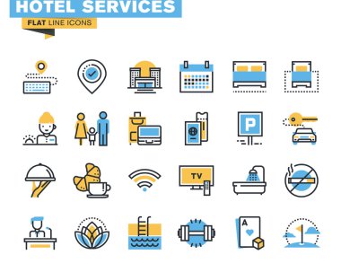 Büyük otel Servisi özellikleri, resort konaklama, motel tesis ve hostel kolaylıklar, online rezervasyon, Kiralık bir araba Servisi, eğlence, spor ve Eğlence faaliyetleri düz çizgi Icons set