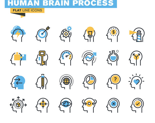 Flat line icons set of human brain process, brain thinking, emotions, mental health, creative process, business solutions, character experience, learning, strategy and development, opportunities.