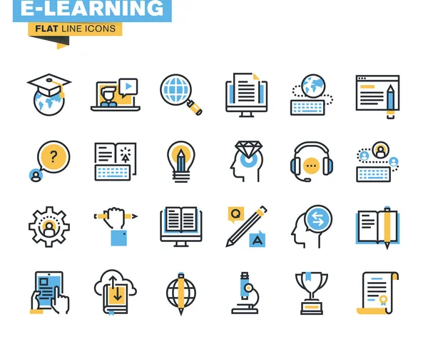 Flatline-Icons für E-Learning, Fernunterricht, Online-Schulungen und Kurse, Cloud-Lösungen für die Ausbildung, Video-Tutorials, Mitarbeiterschulungen, digitale Bibliothek, Wissen für alle. — Stockvektor