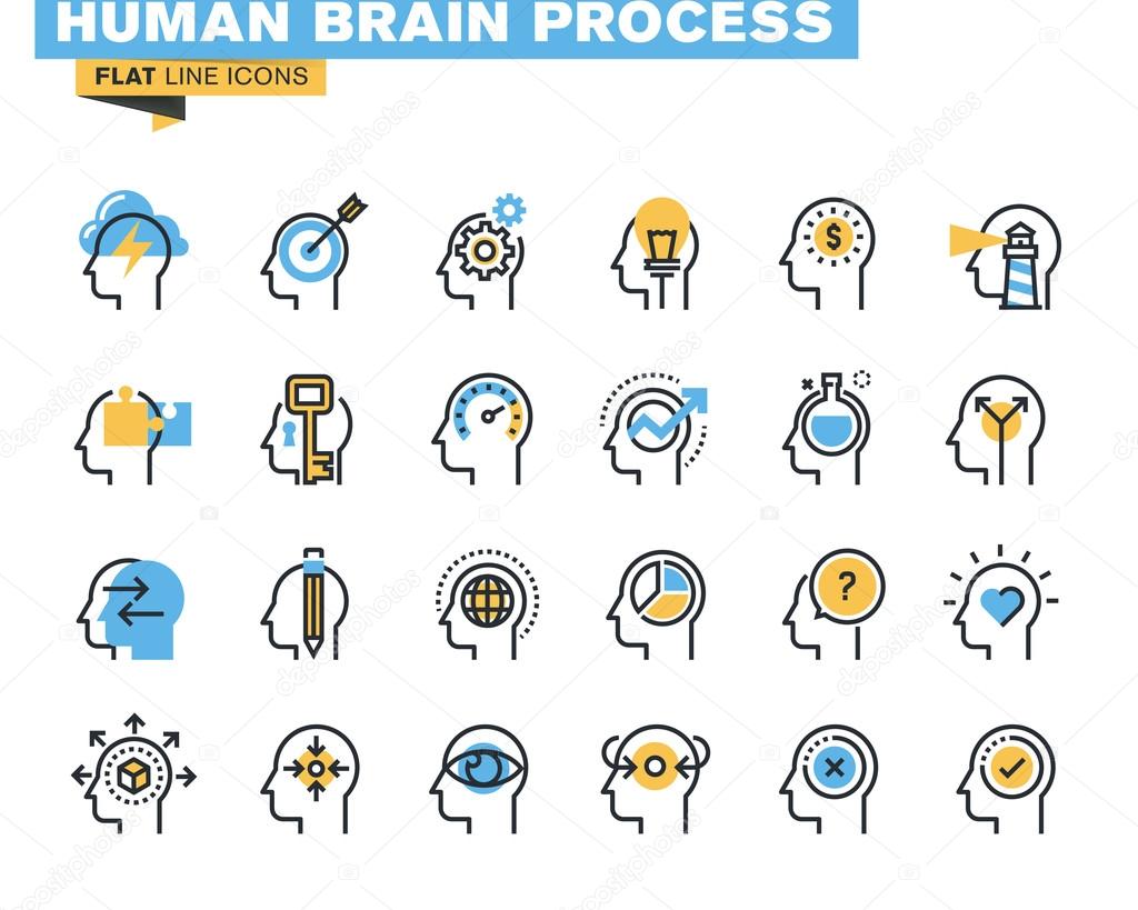 Flat line icons set of human brain process, brain thinking, emotions, mental health, creative process, business solutions, character experience, learning, strategy and development, opportunities.