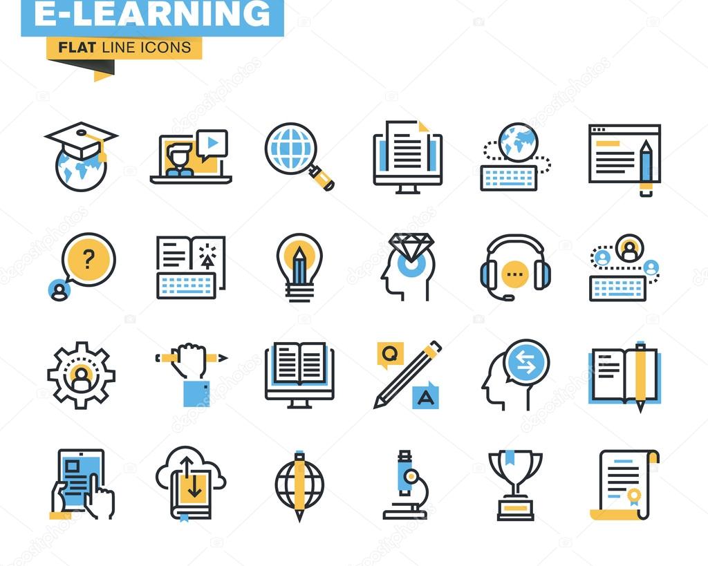 Flat line icons set of e-learning, distance education, online training and courses, cloud solutions for education, video tutorials, staff training, digital library, knowledge for all.