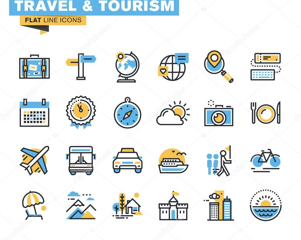 Flat line icons set of travel and tourism sign and object, holiday trip planning, online travel services, tour organization, air travel to cruise, summer and winter vacation, city break.