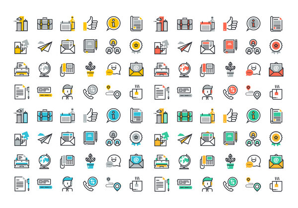 Плоская линия красочных иконок коллекция бизнес-предметов первой необходимости
