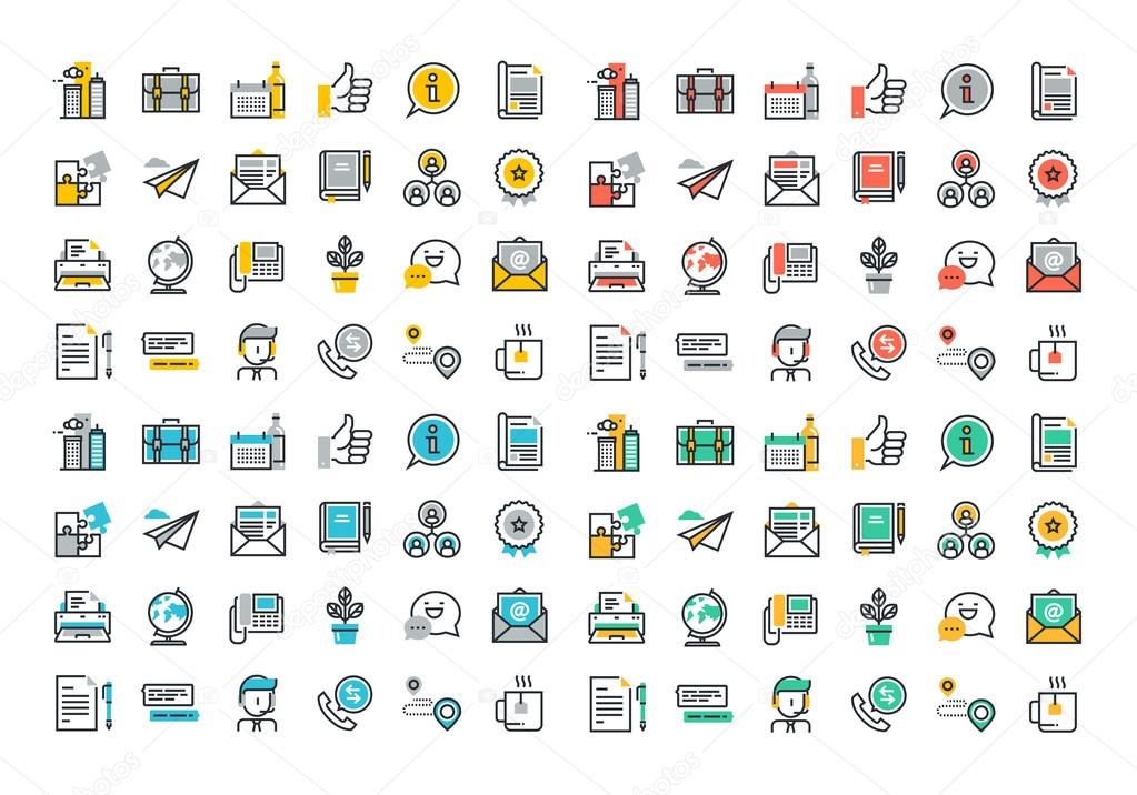 Flat line colorful icons collection of business essentials object
