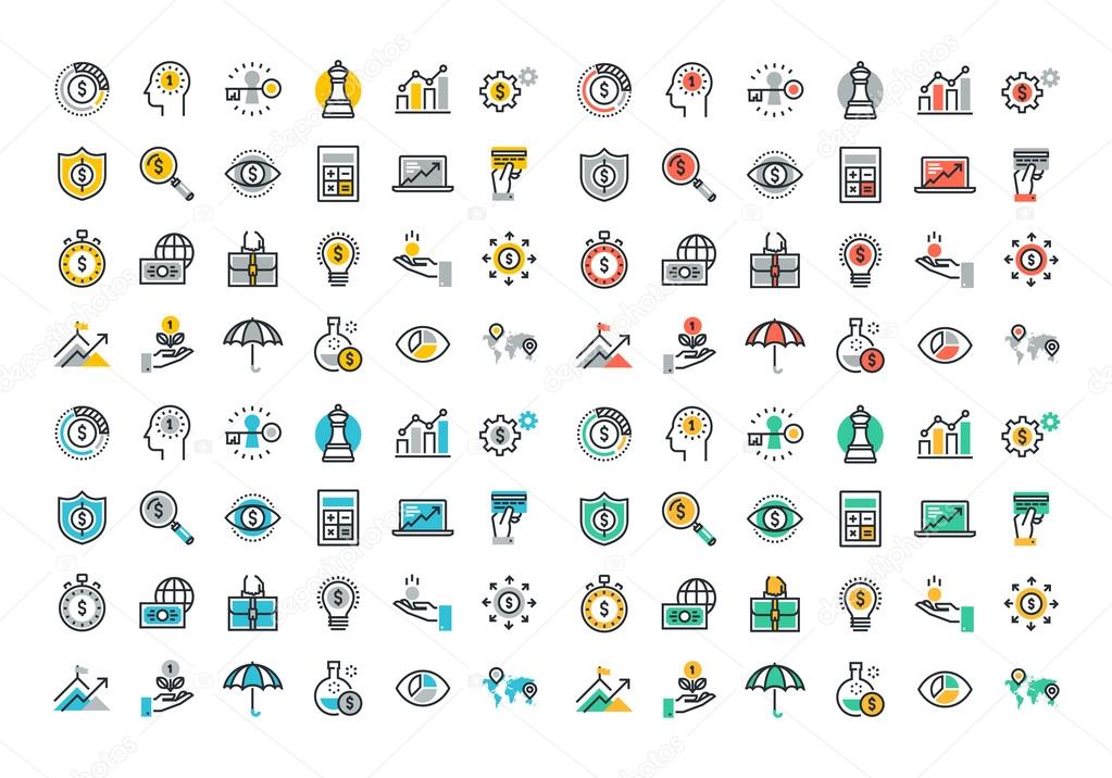 Flat line colorful icons collection of business and finance