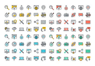 Düz çizgi renkli simgeler koleksiyonu SEO